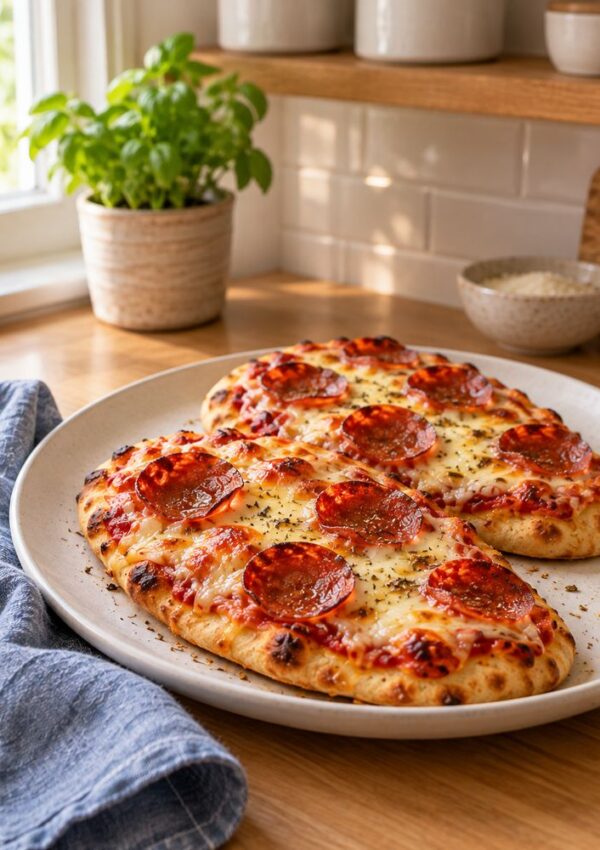 Two pepperoni flatbread pizzas on a white plate.