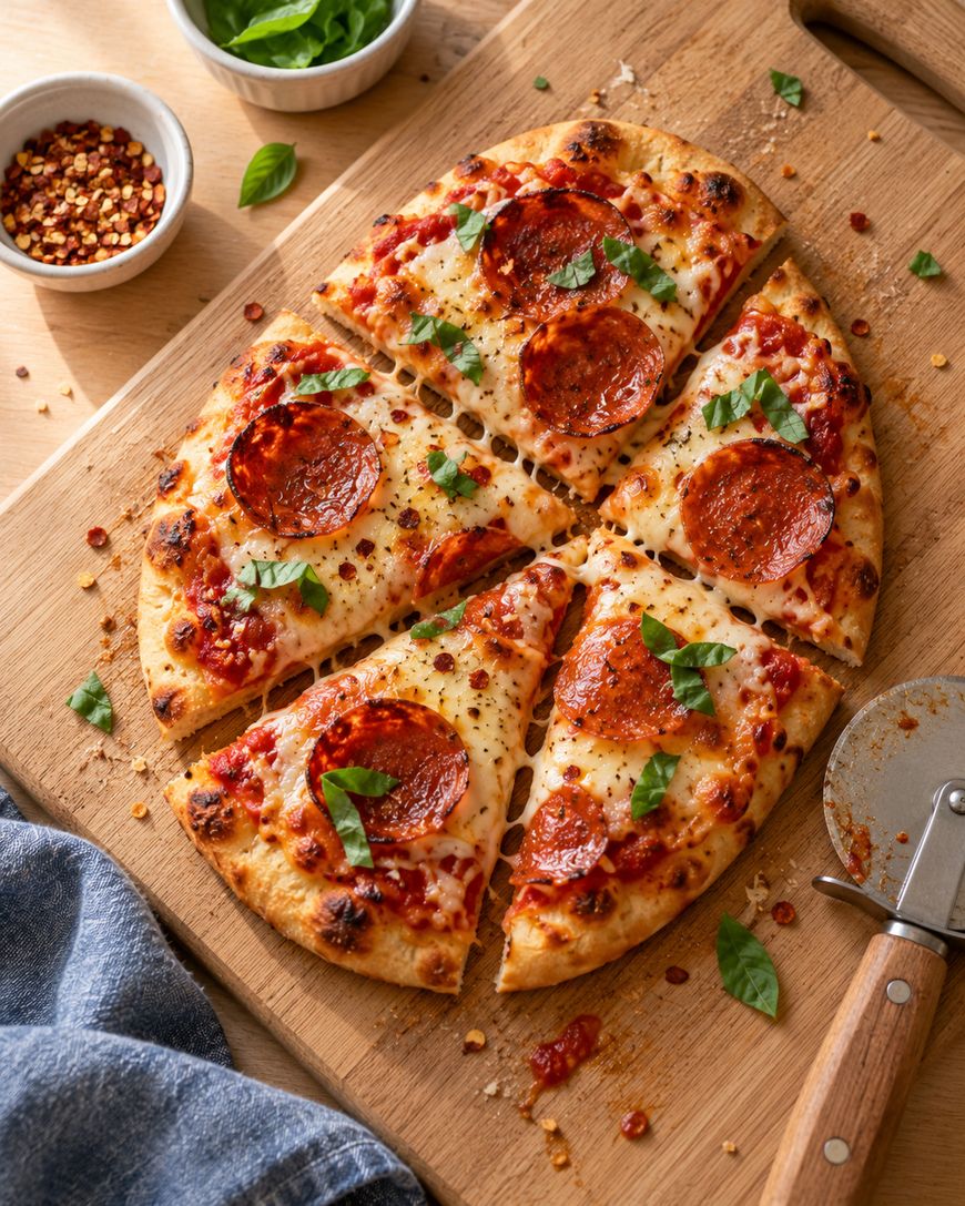 Sliced pepperoni pizza topped with fresh basil on a wooden cutting board, with small bowls of red pepper flakes and basil nearby.