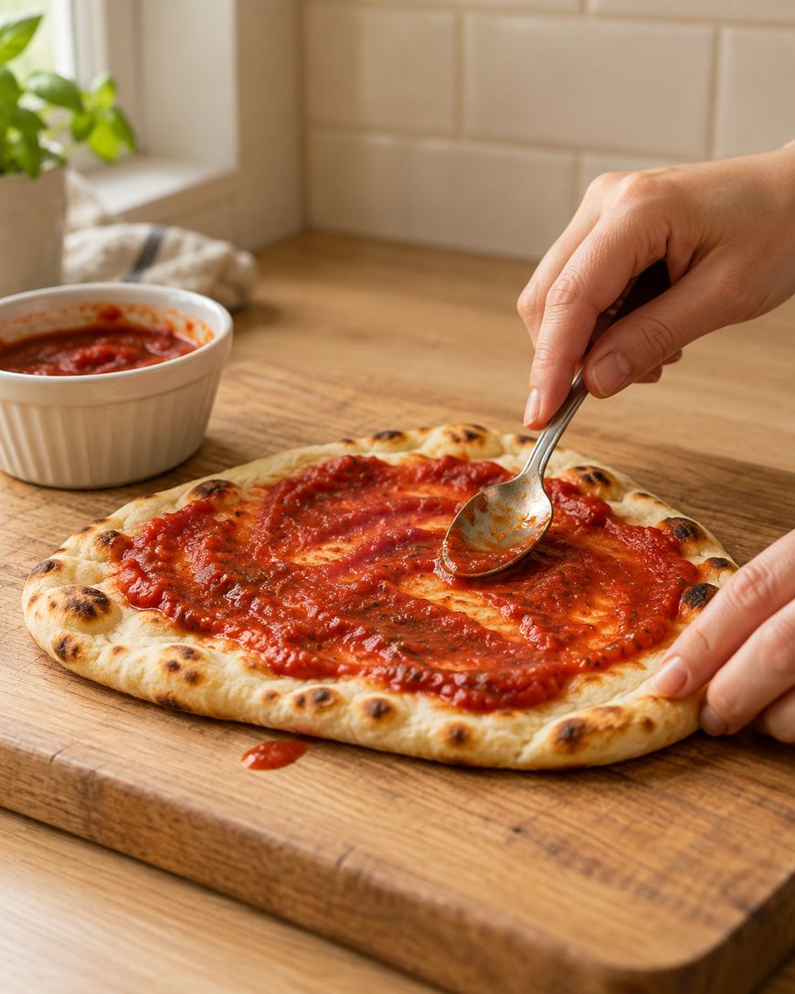 A hand uses a spoon to spread tomato sauce onto a pizza crust on a wooden cutting board.