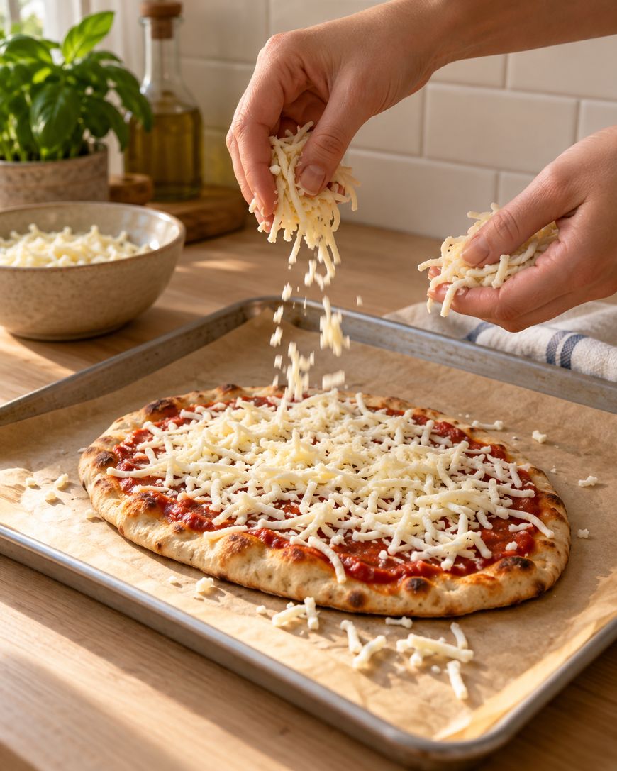 Hands sprinkling shredded cheese onto a flatbread covered in tomato sauce on a baking sheet.