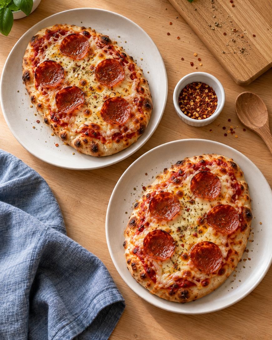 Two oval pepperoni pizzas on white plates, served on a wooden table with a small bowl of red pepper flakes.