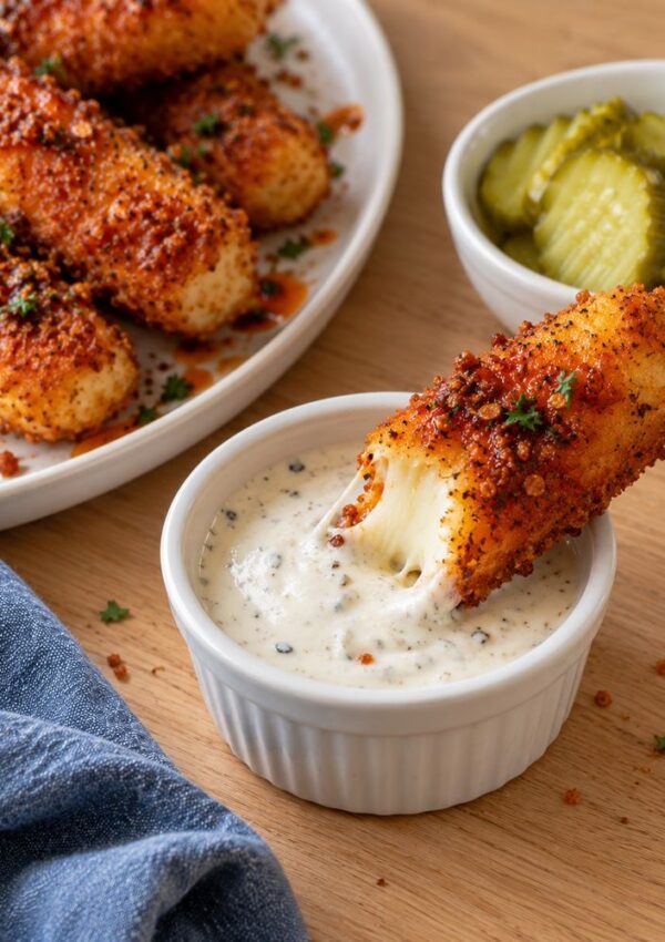A breaded mozzarella stick being dipped into a small bowl of creamy sauce, with a plate of additional mozzarella sticks and a side of pickle slices nearby.