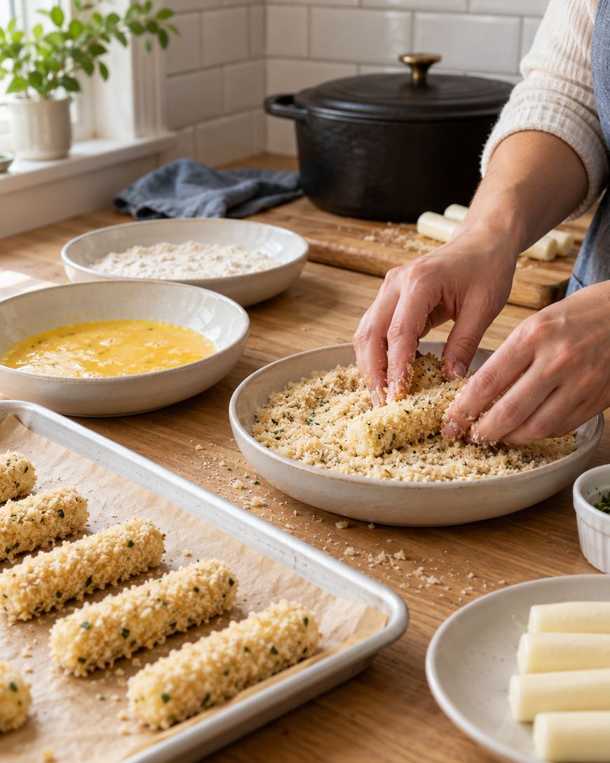 Hands coating a mozzarella stick in breadcrumbs, with bowls of flour and beaten egg nearby and a tray of breaded sticks in the foreground.