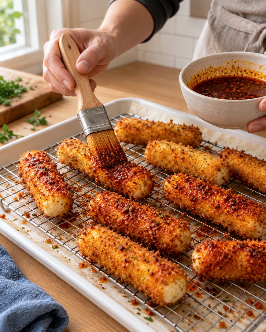 A hand uses a pastry brush to coat breaded mozzarella sticks on a wire cooling rack with a spicy red chili oil.