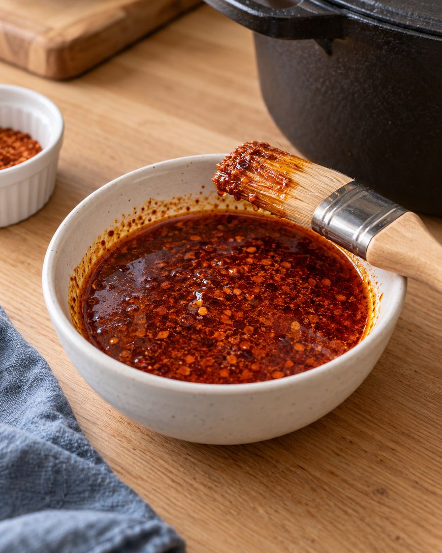 A pastry brush dipped into a white bowl of red chili oil on a wooden table.