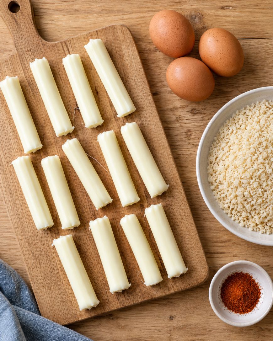 Eleven mozzarella sticks arranged on a wooden cutting board, with three brown eggs, a bowl of breadcrumbs, and a small dish of paprika nearby.