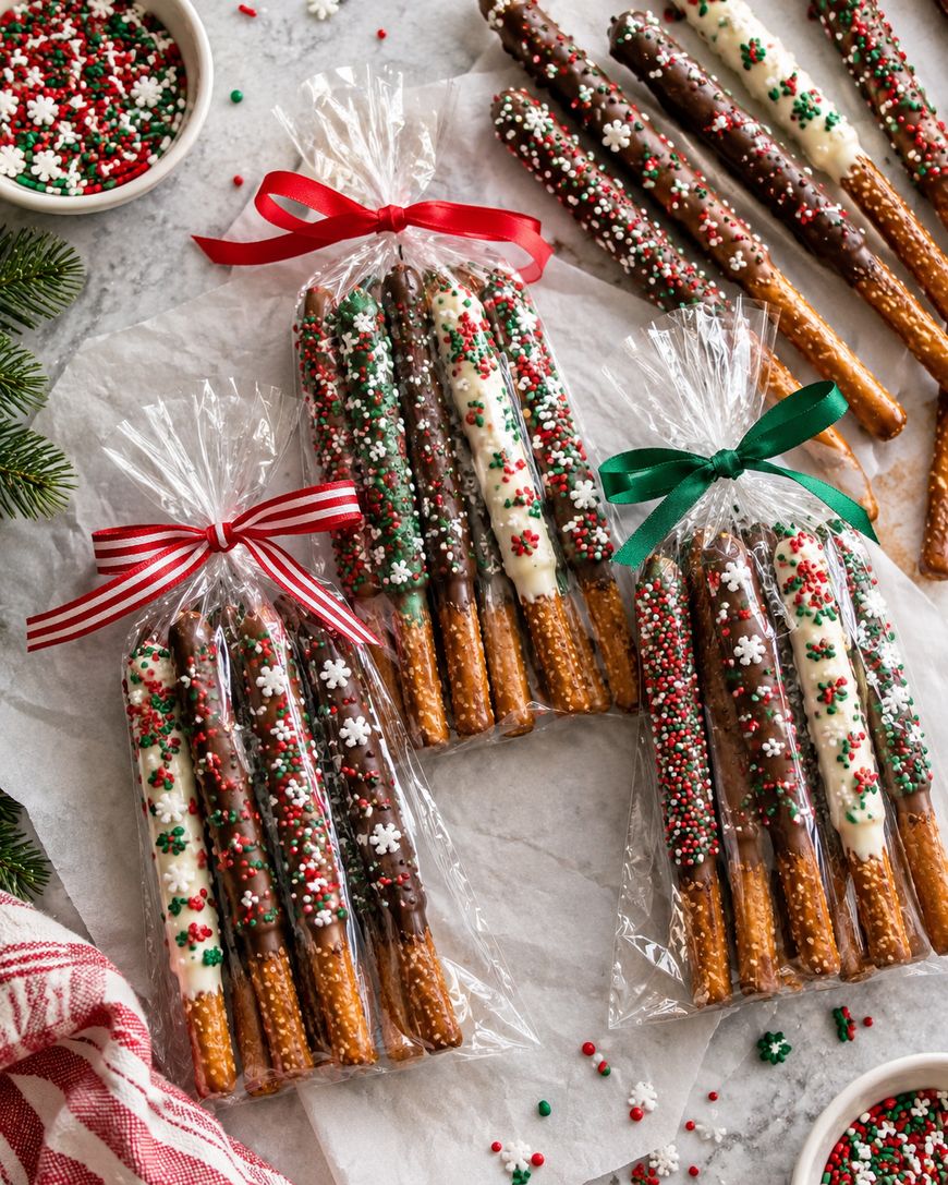 Pretzel rods dipped in chocolate and decorated with festive red, white, and green sprinkles are wrapped in clear bags tied with colorful ribbons, placed on a marble surface with a bowl of extra sprinkles nearby.