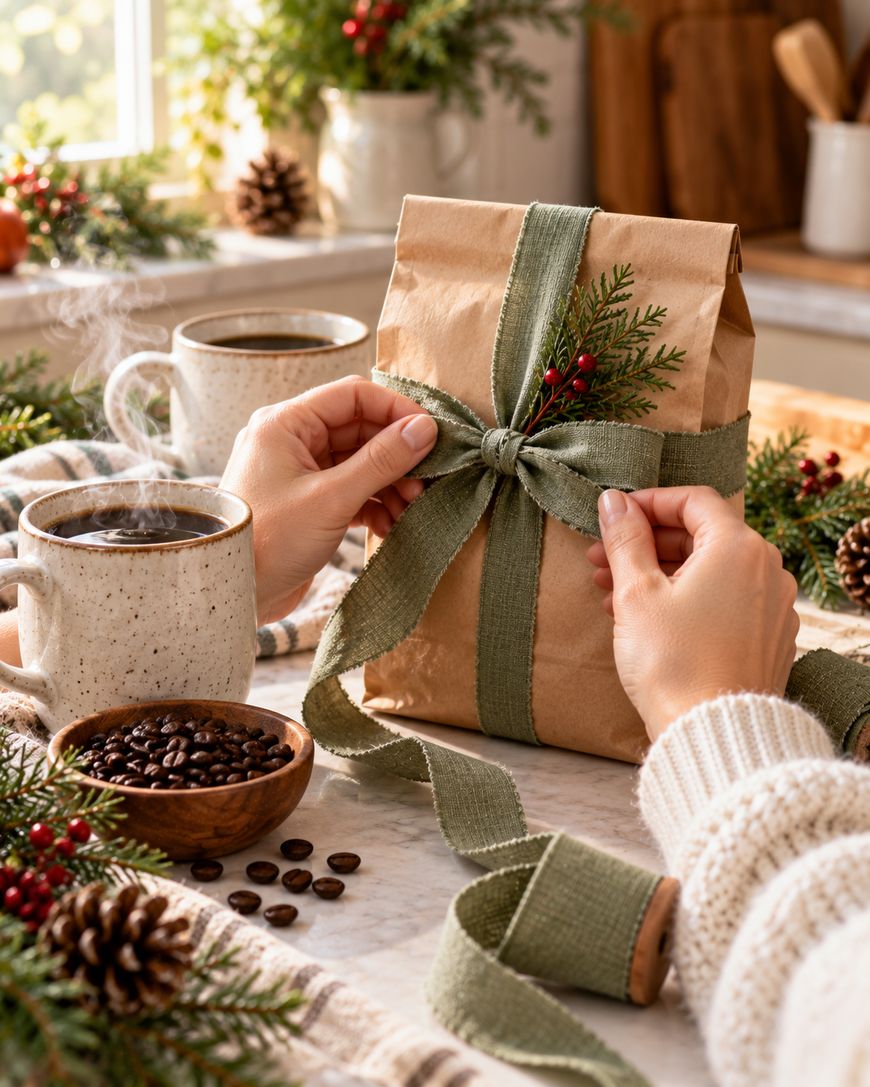 Hands tying a green ribbon on a brown paper gift bag, surrounded by coffee cups, coffee beans, pinecones, and festive greenery on a kitchen counter. Steam rises from the cups, creating a cozy holiday scene.