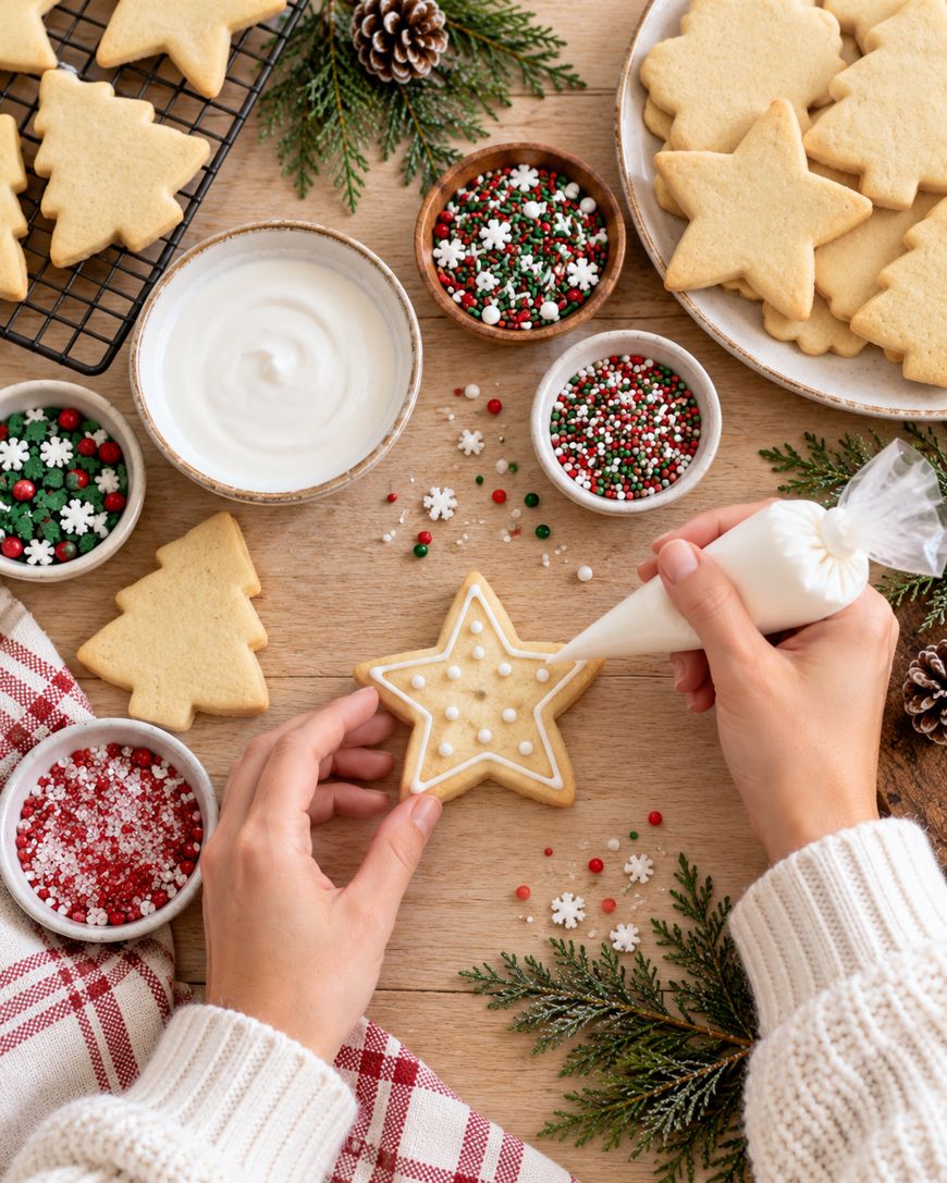 Hands decorating a star-shaped sugar cookie with white icing, surrounded by bowls of sprinkles, plain cookies, frosting, pine branches, and a red-and-white towel on a wooden table.