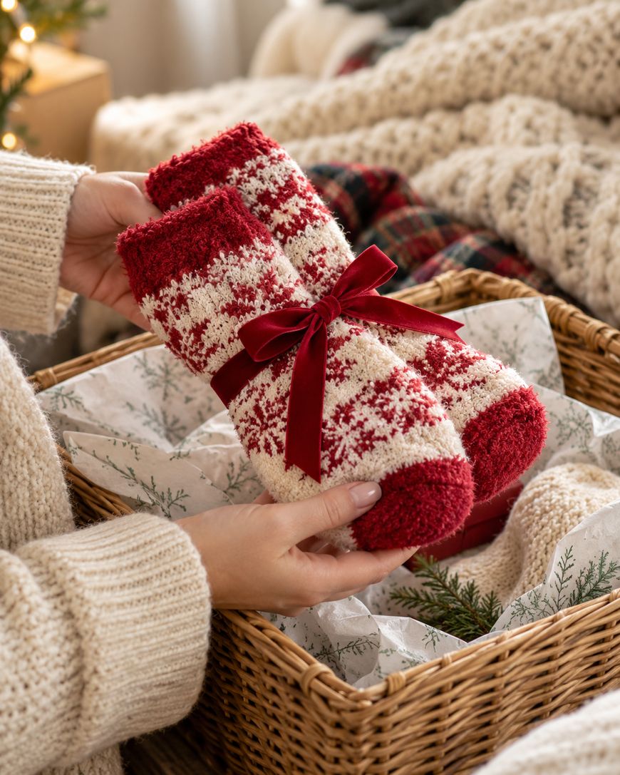 A person holds red and white patterned fuzzy socks tied with a red ribbon over a basket lined with festive paper and greenery.