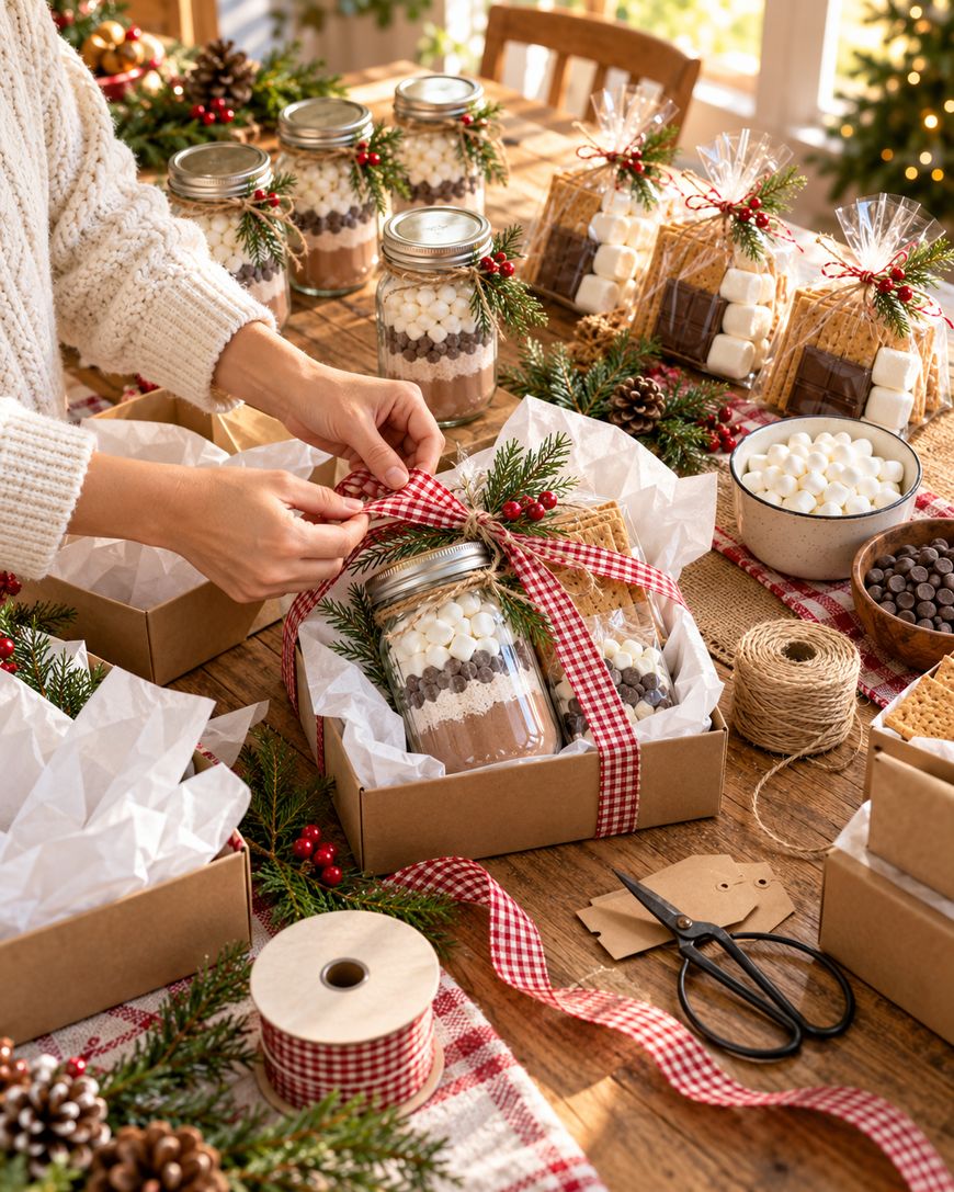 Hands tying a red gingham ribbon around a mason jar filled with hot cocoa mix and marshmallows. Gift boxes, festive greenery, jars, and holiday decorations are arranged on a wooden table.
