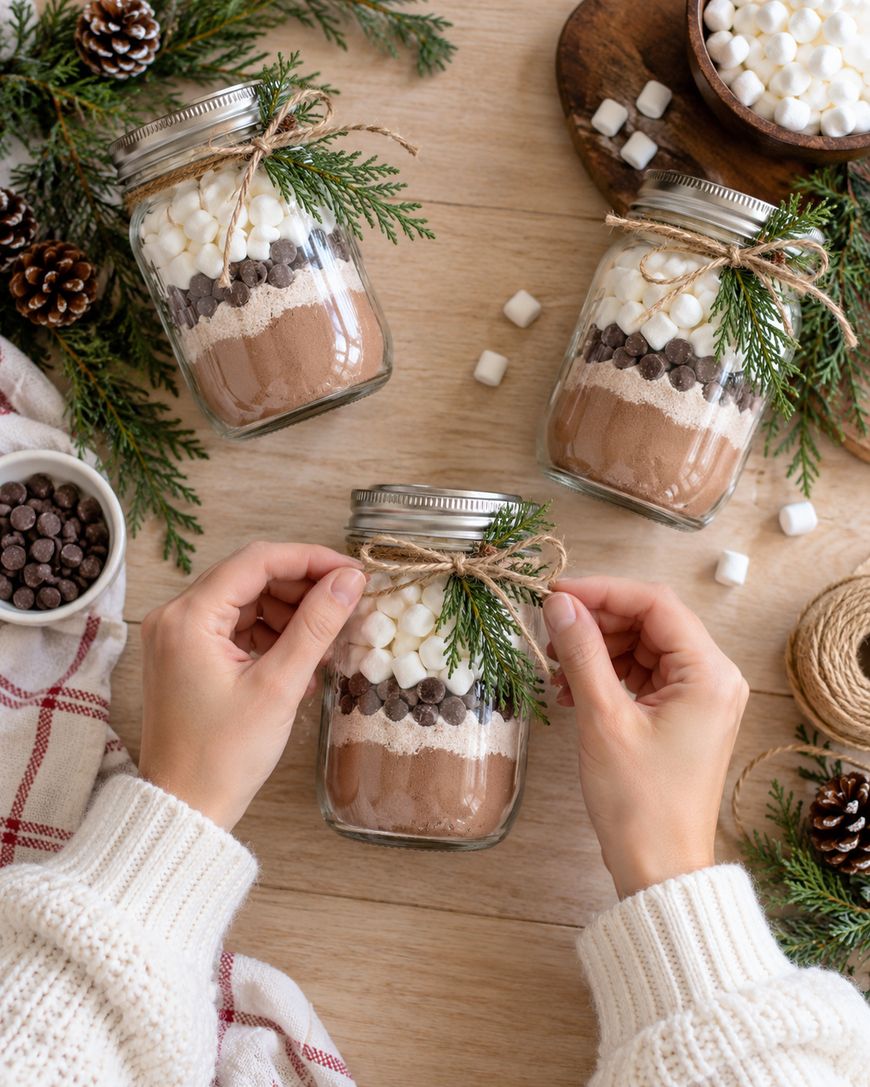 Hands tying twine around a mason jar filled with layered hot cocoa mix, chocolate chips, and mini marshmallows, decorated with pine sprigs. Two more decorated jars and holiday items surround it on a wooden table.