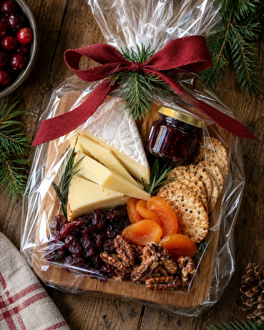 Gift basket with cheese wedges, crackers, dried apricots, pecans, cranberries, and a jar of jam on a wooden tray, wrapped in cellophane with a red bow and pine sprigs.