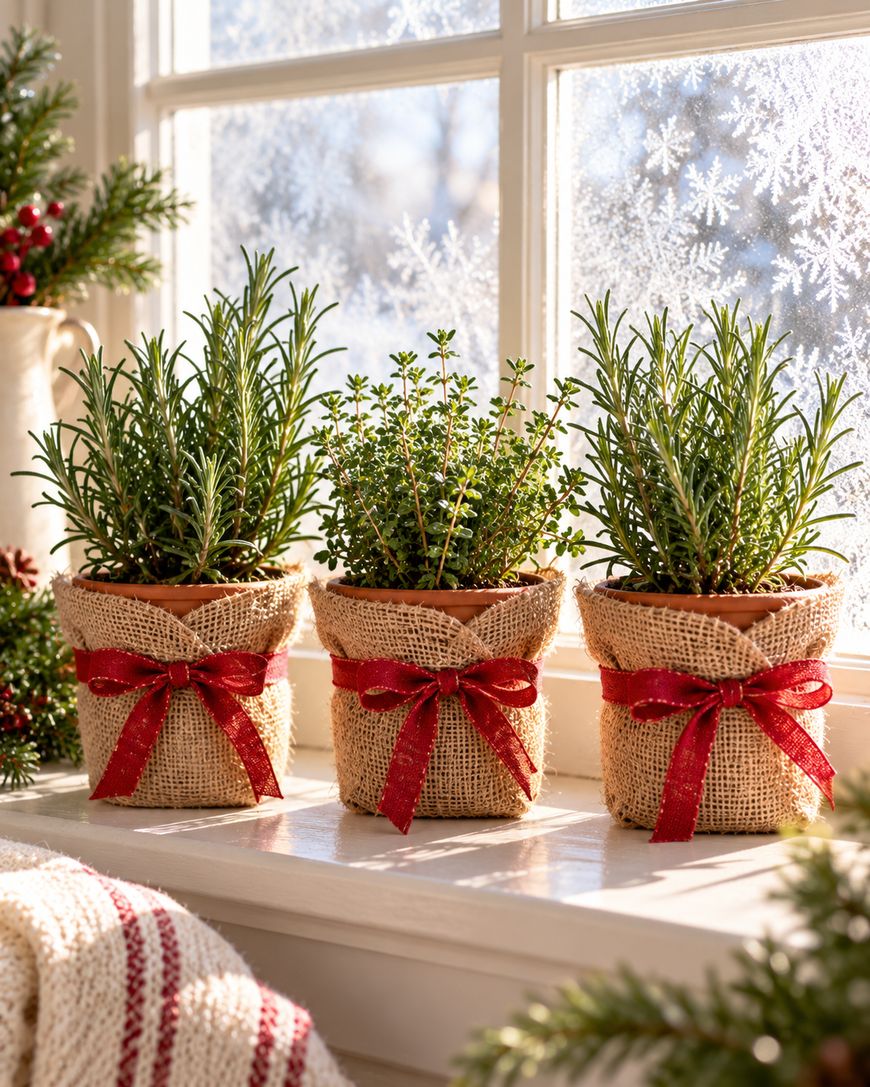 Three potted herbs wrapped in burlap and tied with red bows sit on a windowsill. Snowflake patterns decorate the window, suggesting a winter or holiday theme. Greenery and festive decorations are nearby.