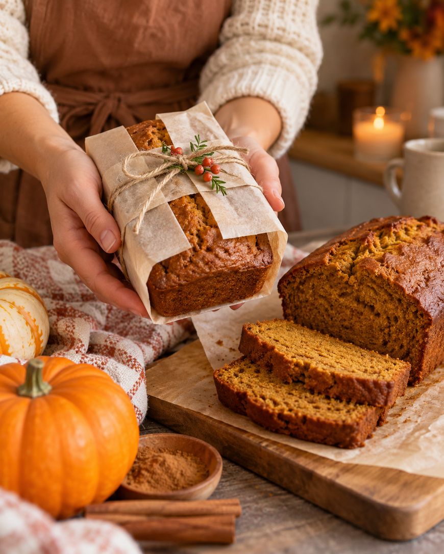 A person holds a wrapped loaf of pumpkin bread decorated with twine and berries; sliced pumpkin bread, a pumpkin, and fall decor are on the wooden table.