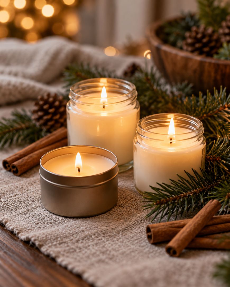 Three lit candles in jars and a tin sit on a knitted cloth, surrounded by pine branches, cinnamon sticks, and pinecones, creating a cozy and festive atmosphere.
