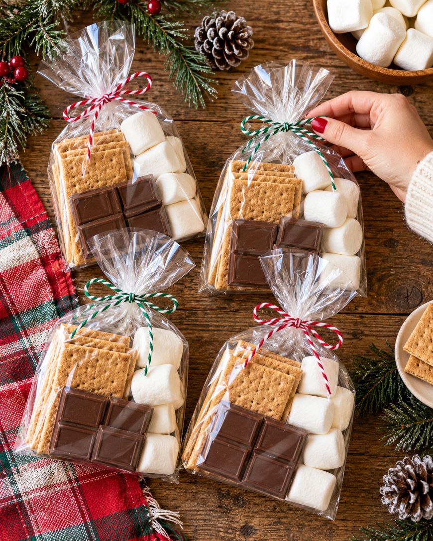 Four clear gift bags filled with graham crackers, chocolate, and marshmallows are tied with festive string. A hand holds one bag. Pinecones, greenery, and a red plaid cloth decorate the wooden table.