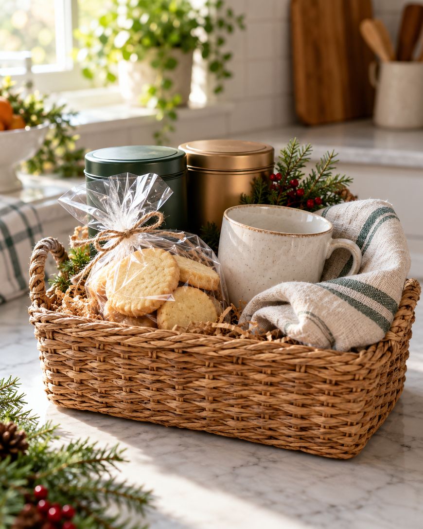 A wicker basket on a kitchen counter holds a mug, two tins, shortbread cookies in a clear bag, a striped towel, and festive greenery. Sunlight streams in from a window in the background.