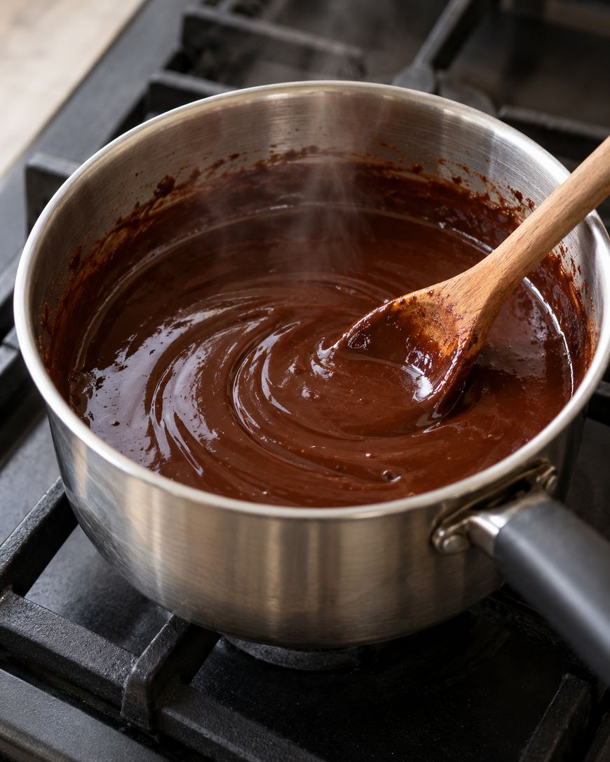 A wooden spoon stirs melted chocolate in a stainless steel saucepan on a stovetop.