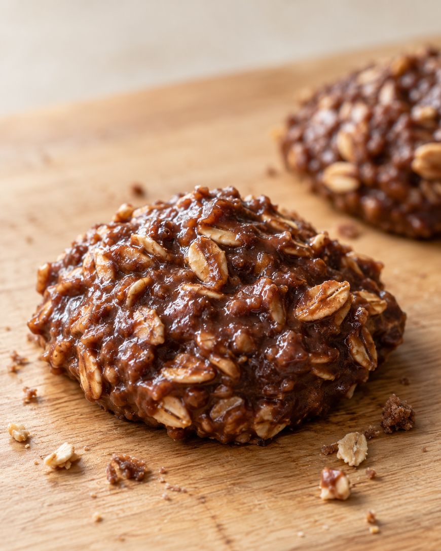 Two no-bake chocolate oatmeal cookies resting on a wooden board.