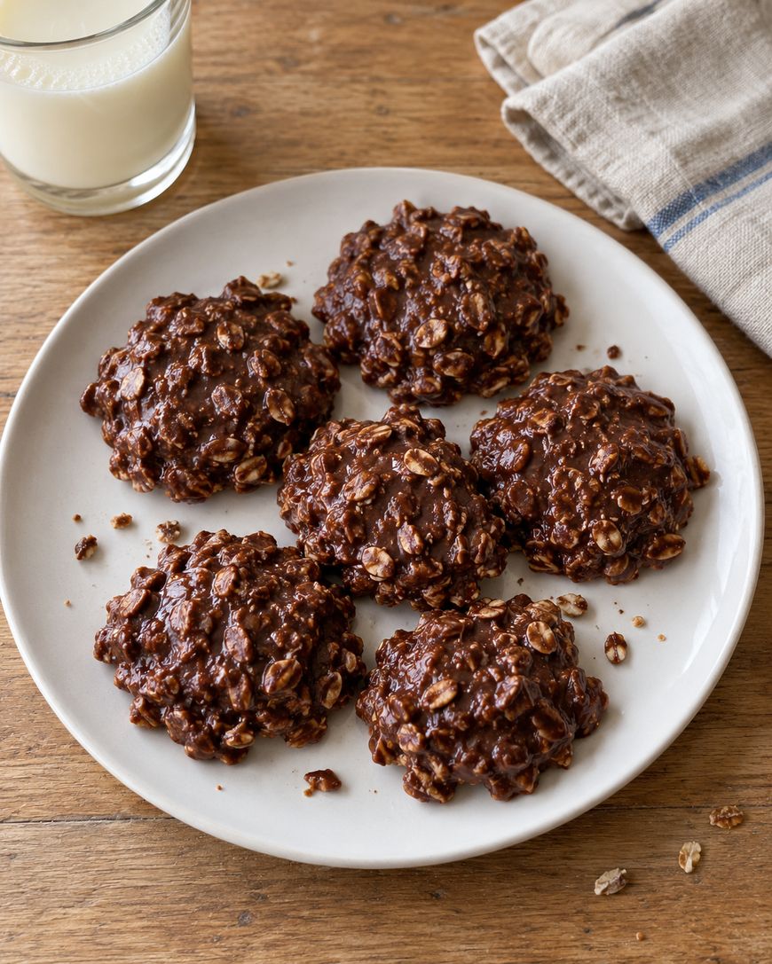 Six chocolate oatmeal no-bake cookies arranged on a white plate next to a glass of milk.