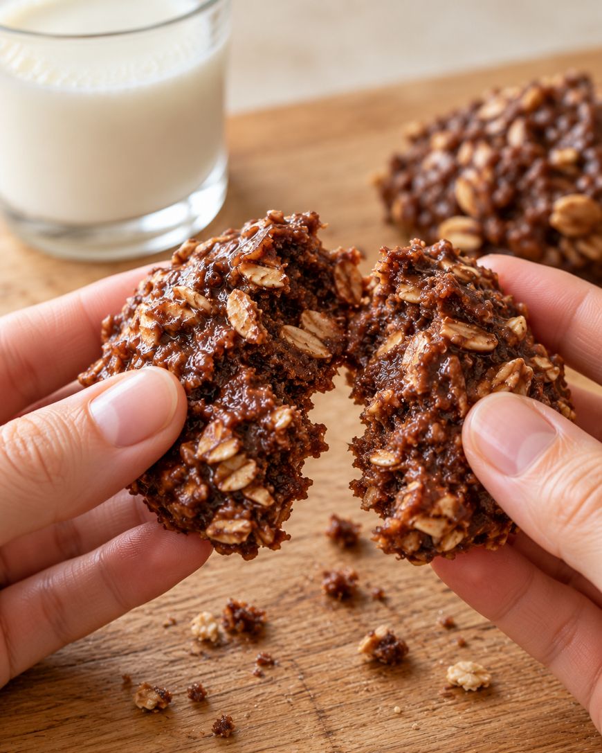 Hands breaking a soft, chocolate oat cookie in half, with a glass of milk in the background.