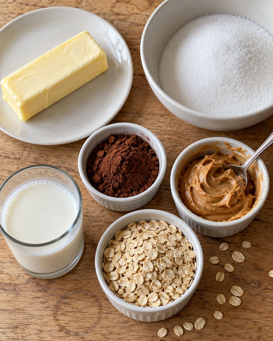 Ingredients for a recipe arranged on a wooden table, including a stick of butter, sugar, cocoa powder, peanut butter, milk, and rolled oats.