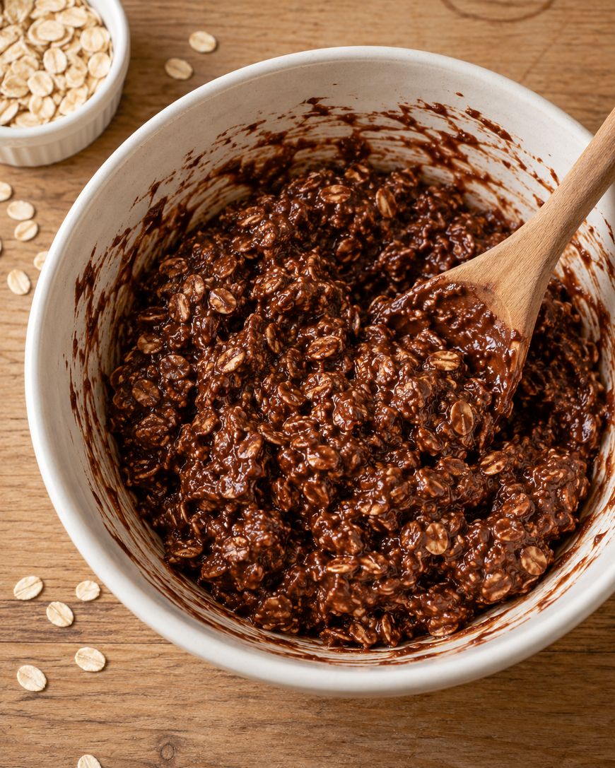 A white bowl filled with a mixture of chocolate oats and a wooden spoon, with a small dish of raw oats nearby on a wooden surface.