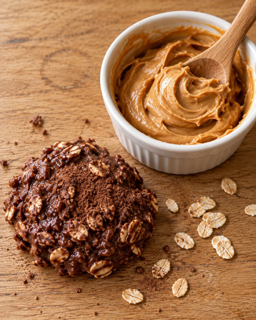 A chocolate oat cookie topped with cocoa powder, next to a small bowl of creamy peanut butter and a wooden spoon.