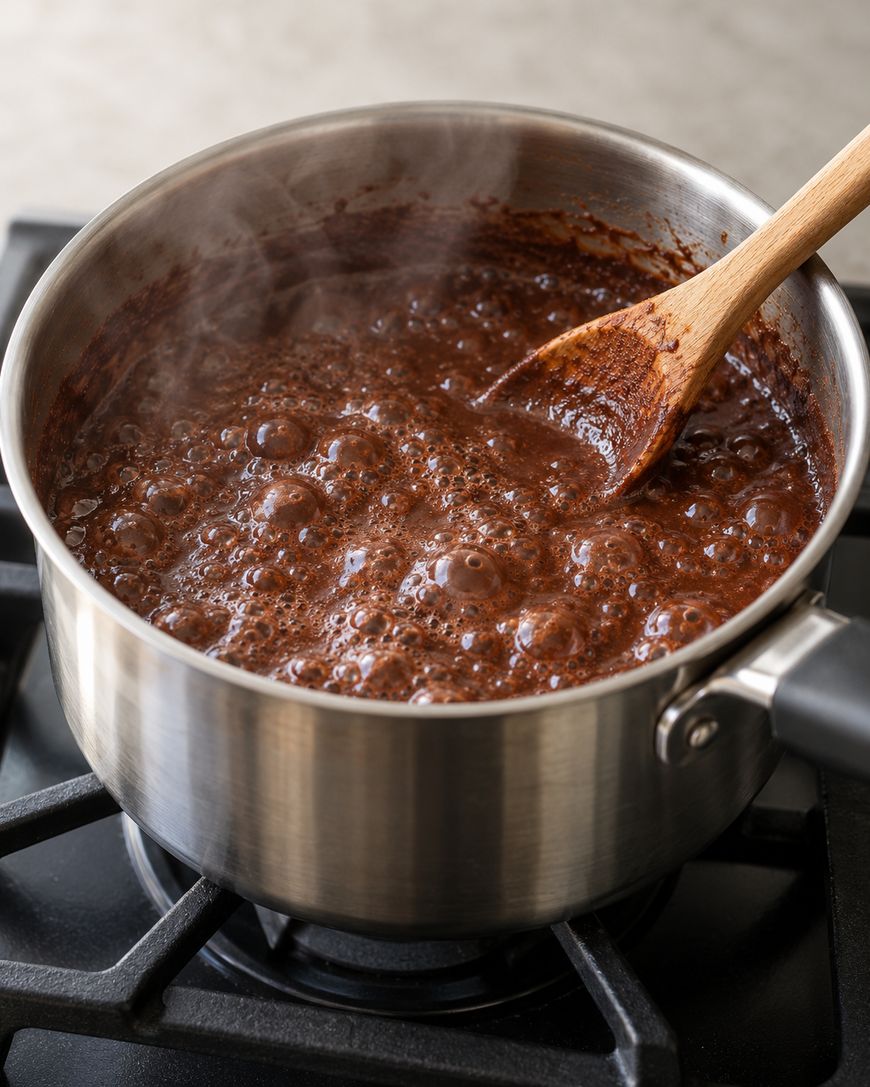 A wooden spoon stirs thick, bubbling chocolate sauce in a stainless steel saucepan on a stovetop.