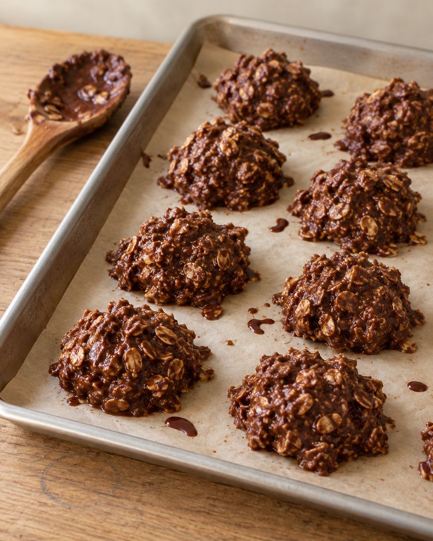 Six no-bake chocolate oat cookies on a parchment-lined baking sheet, with a wooden spoon nearby.