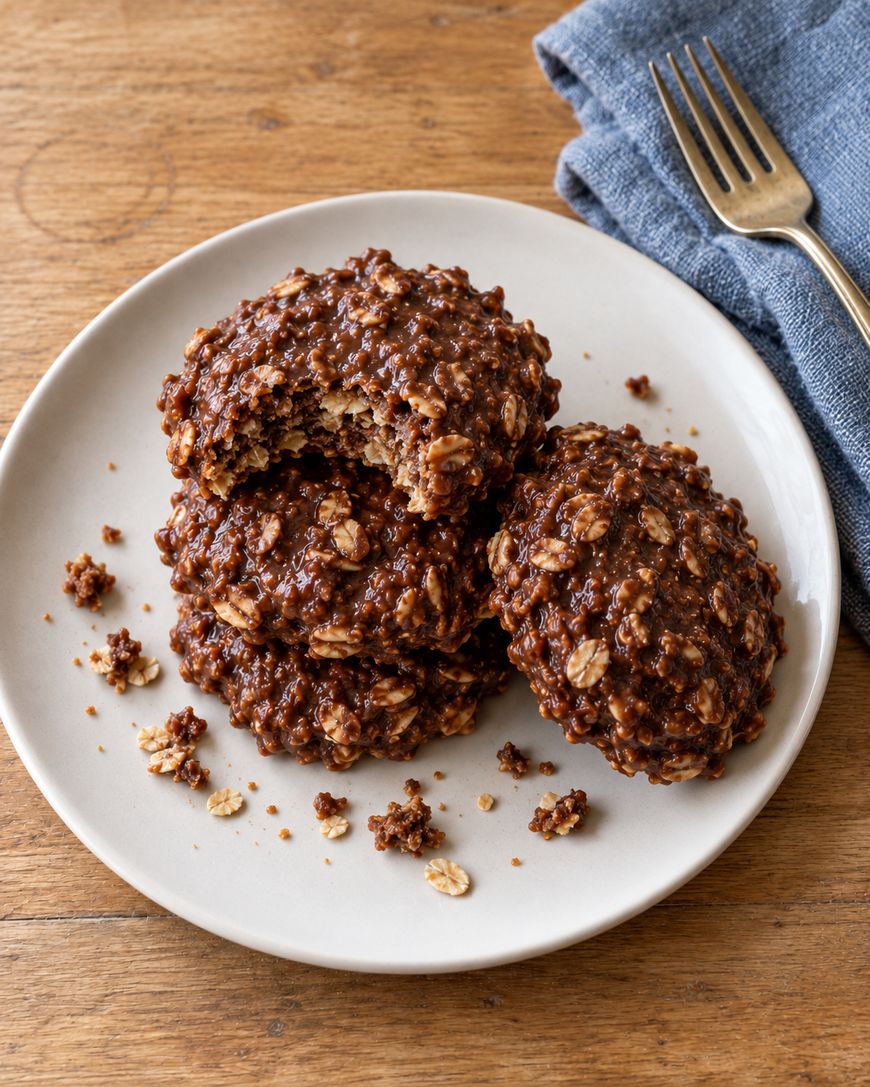 A stack of three chocolate oatmeal cookies on a plate, with a bite taken out of the top one and a fork nearby.