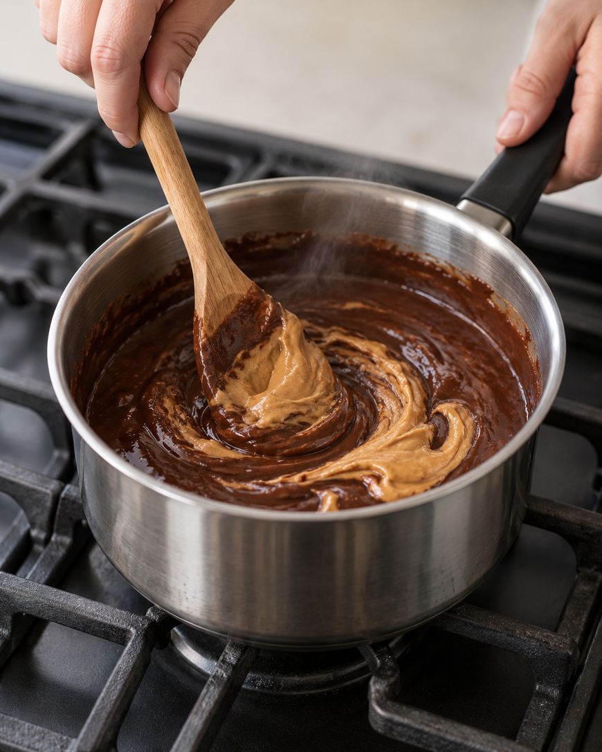 A wooden spoon stirs streaks of peanut butter into a pot of melted chocolate on a stovetop.