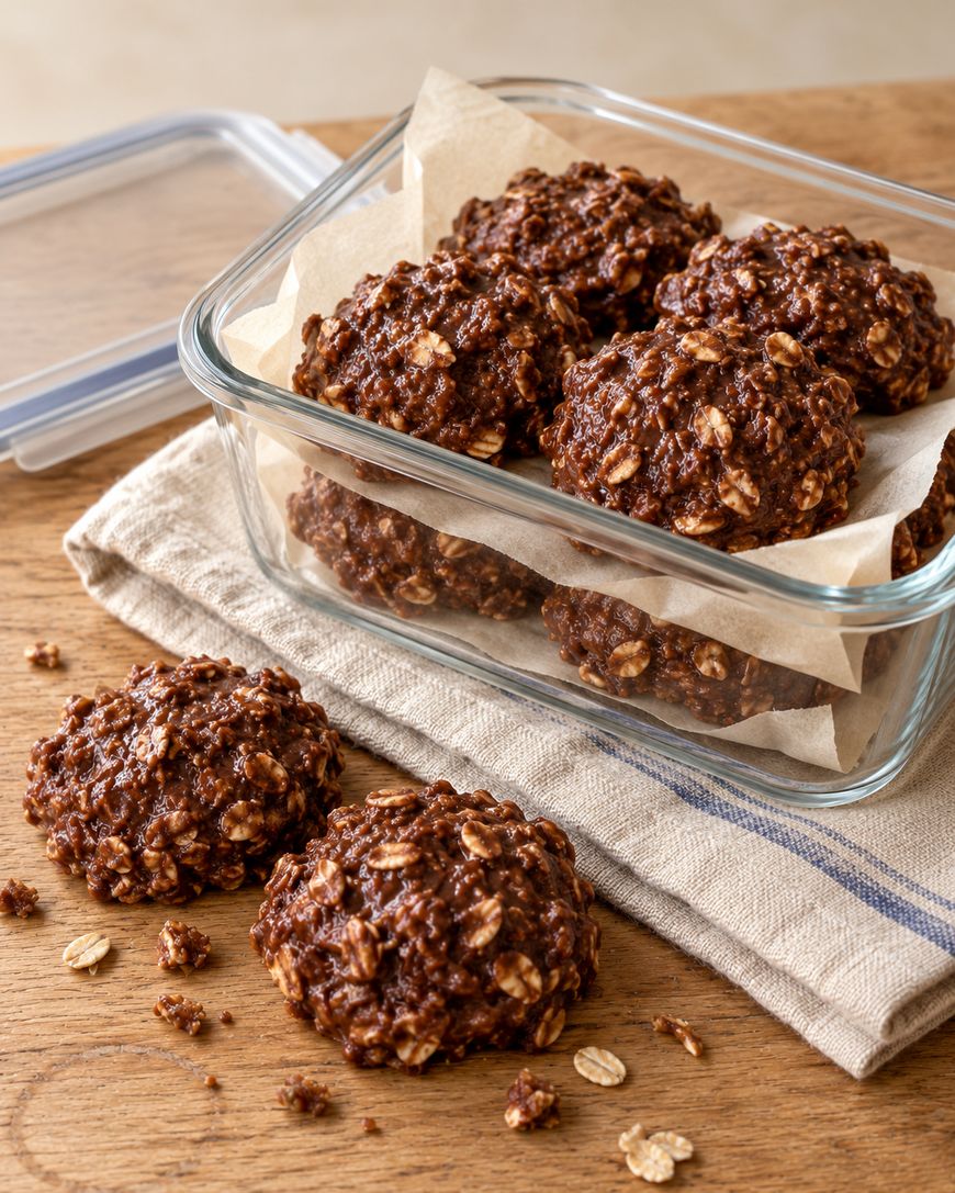 No-bake chocolate oatmeal cookies in a glass storage container and on a linen cloth.