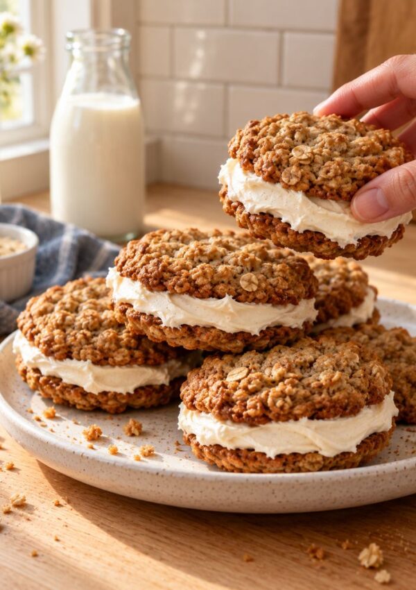 A hand picks up an oatmeal cream pie from a stack of sandwiches on a plate, with a bottle of milk in the background.