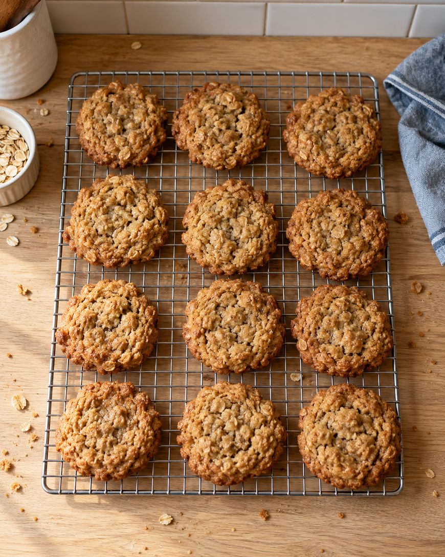 Twelve oatmeal cookies cooling on a wire rack.