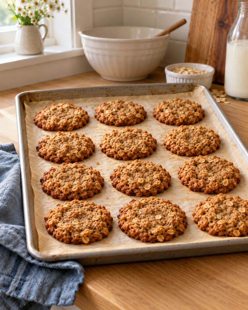 A baking sheet lined with parchment paper holds twelve freshly baked oatmeal cookies.