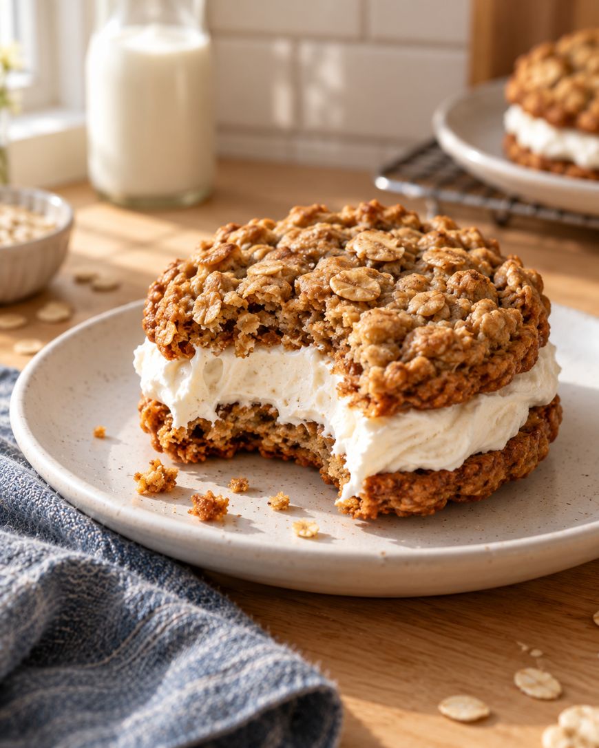 Oatmeal cream pie cookie sandwich with a bite taken out, served on a plate.
