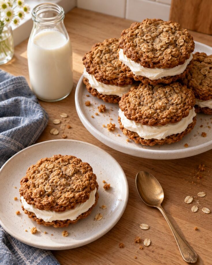 Oatmeal cream pie sandwich cookies on plates next to a glass bottle of milk.
