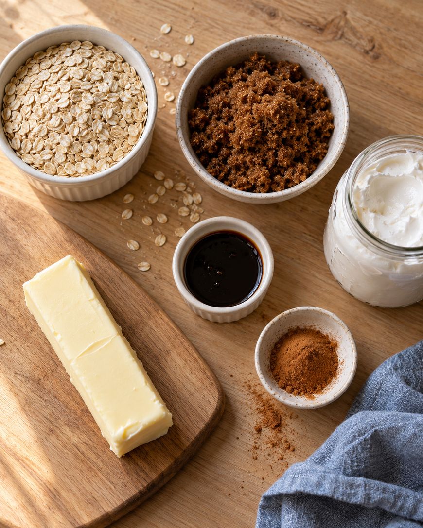 A stick of butter on a cutting board, surrounded by bowls containing rolled oats, brown sugar, molasses, cinnamon, and a jar of shortening.