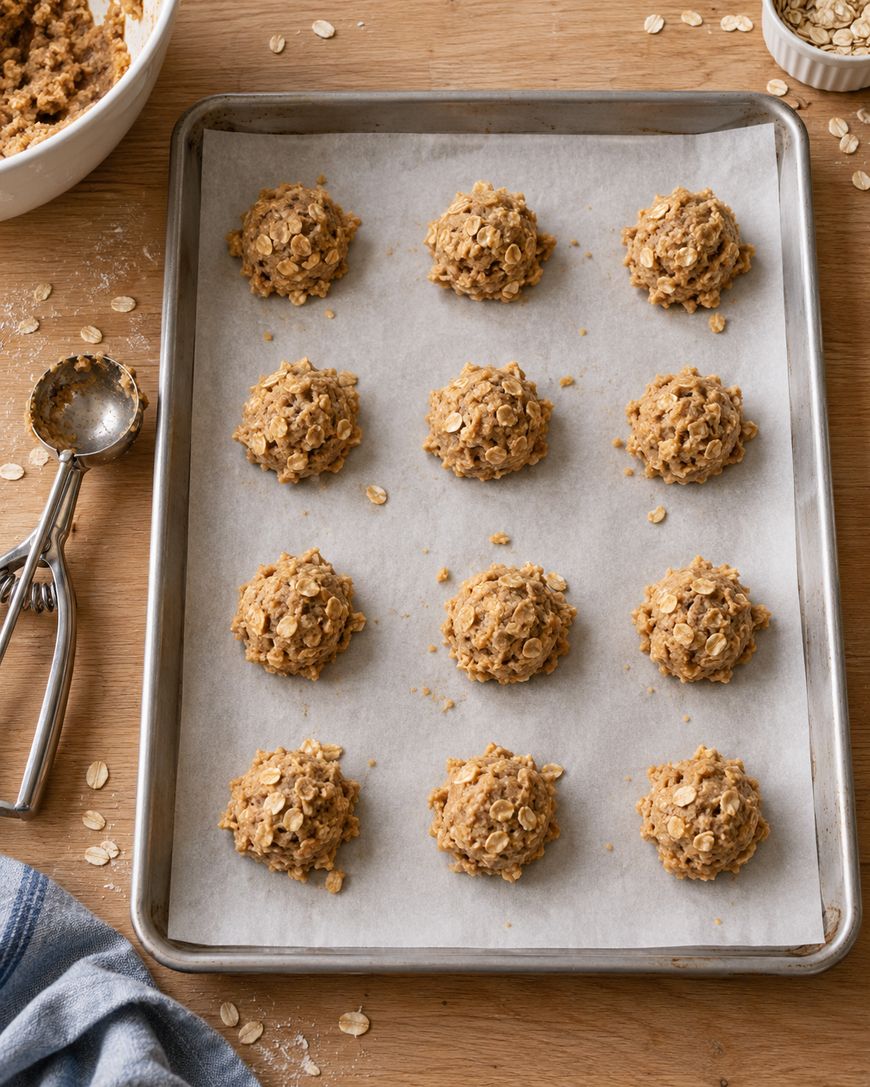 Twelve scoops of raw oatmeal cookie dough arranged in a grid on a parchment-lined baking sheet, with a metal cookie scoop to the side.