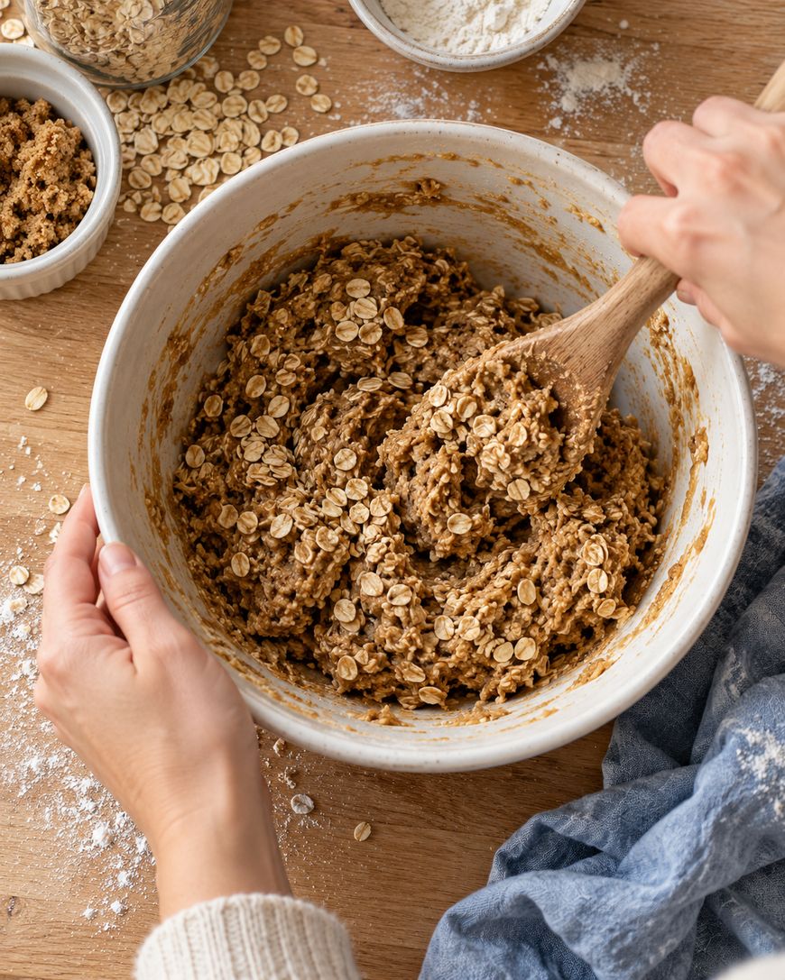 A person uses a wooden spoon to mix oatmeal cookie dough in a large bowl.
