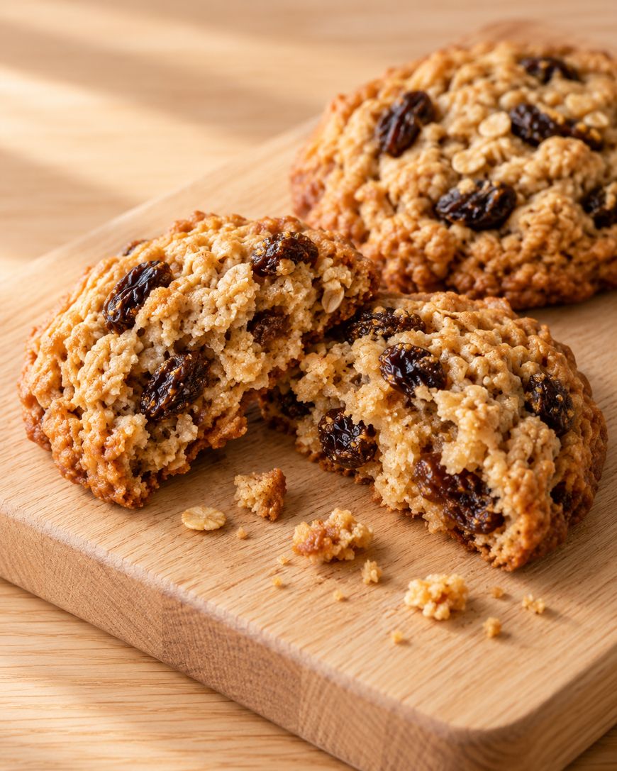 Two oatmeal raisin cookies on a wooden cutting board, with one cookie broken in half.