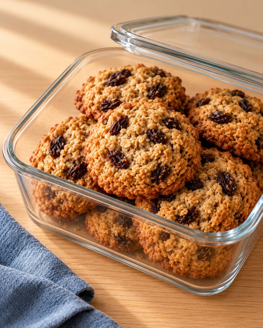 Oatmeal raisin cookies in a glass storage container on a wooden surface.