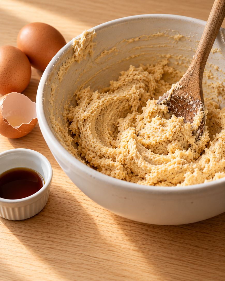 A wooden spoon mixes cookie dough in a white ceramic bowl, next to two whole eggs, an empty eggshell, and a small dish of vanilla extract.