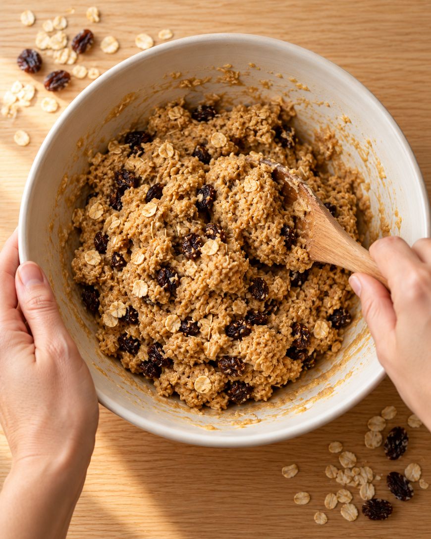 Hands mixing oatmeal raisin cookie dough in a bowl with a wooden spoon.