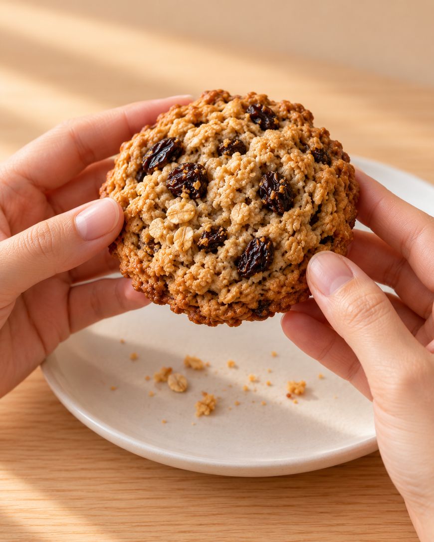 Hands holding an oatmeal raisin cookie above a white plate with crumbs.