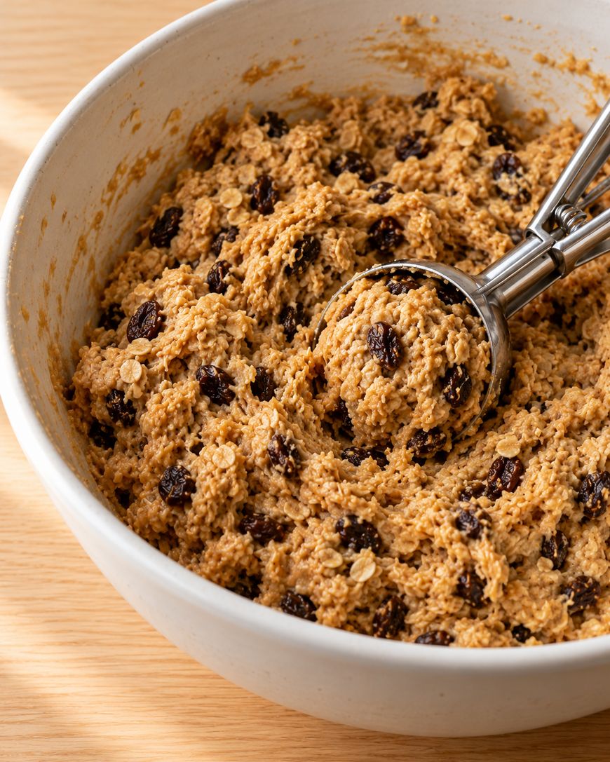 A metal cookie scoop lifting a portion of oatmeal raisin cookie dough from a mixing bowl.