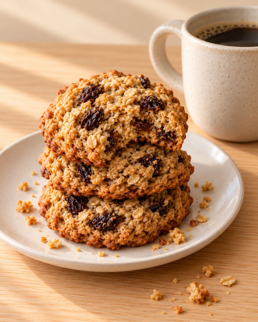 A stack of three oatmeal raisin cookies on a plate next to a mug of coffee.