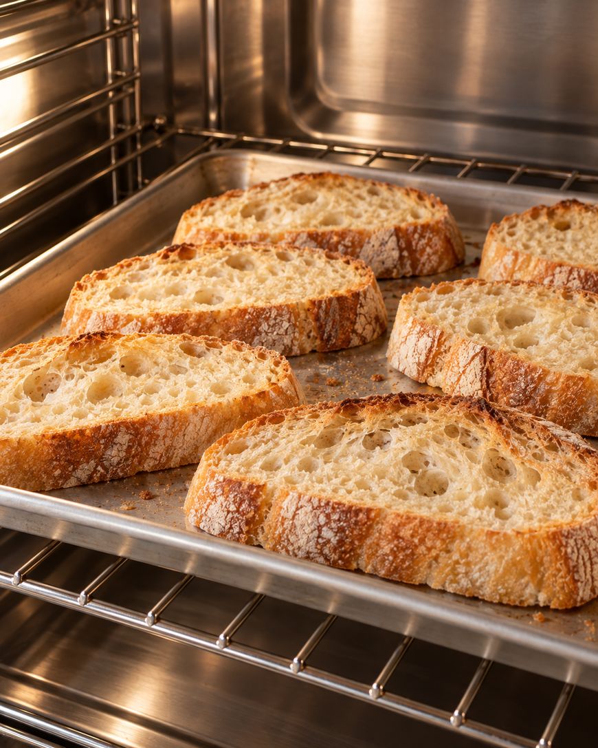 Five thick slices of sourdough bread toast on a baking sheet inside an oven.